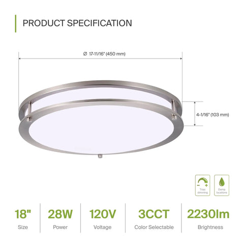 18 Inch Round Flush Mount Ceiling Light Fixture With 3 CCT Dimmable LED Energy Star ETL Listed 28W 2230 Lumens 120V Low Profile