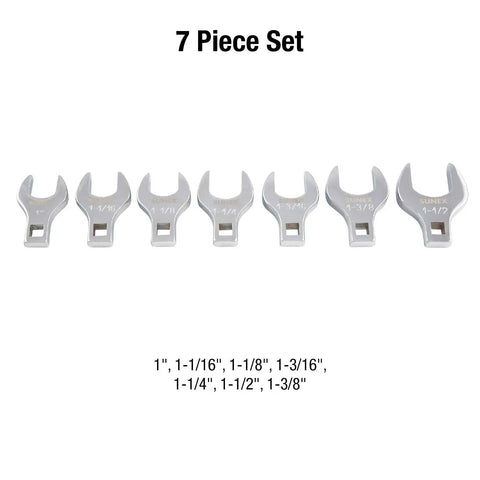 Seven piece One Half Inch Drive Jumbo SAE Crowfoot Wrench Set from One Inch to One and Three Eighths Inch with sizes labeled