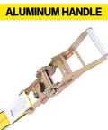 Close-up of Beefy Heavy Duty Flat Hook Ratchet Straps Tie Down Straps 2 Inch By 27 Feet showing aluminum handle