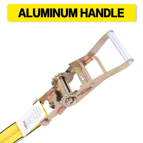 Close-up of Beefy Heavy Duty Flat Hook Ratchet Straps Tie Down Straps 2 Inch By 27 Feet showing aluminum handle
