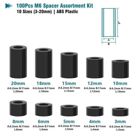 M6 Spacer Assortment Kit With Non Threaded Round Washers And Insulated ABS Plastic Standoffs ID 6.2mm OD 11mm Ten Sizes