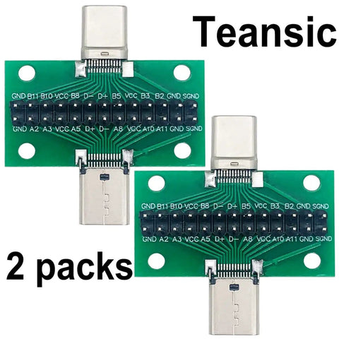 USB C Breakout Test Board 2 Pack Solderless Pins 24 Pin 2.54mm Double Sided Socket With Pin Header Connector