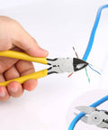Close-up of a hand using pliers from the All In One Pass Through RJ45 Crimp Tool Kit for Ethernet Cabling Cat5 Cat5e Cat6