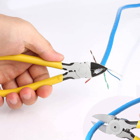 Close-up of a hand using pliers from the All In One Pass Through RJ45 Crimp Tool Kit for Ethernet Cabling Cat5 Cat5e Cat6