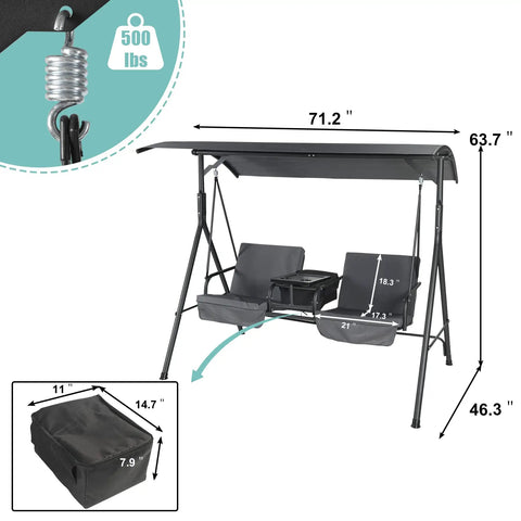 Two Seat Outdoor Patio Swing Chair With Canopy And Cooler Removable Cushions Weather Resistant Steel Frame Heavy Duty Hanging Porch Swing In Gray For Deck Or Garden Chill Vibe with dimensions