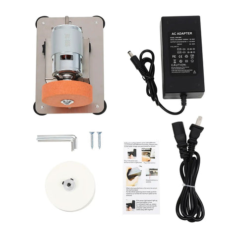 Slick Little Mini Belt Sander And Bench Grinder With 96 Watt Copper Motor For Smooth Knife And Tool Sharpening Adjustable Speed Home Wood And Metal Workshop Knockout Gem components including motor and adapter.