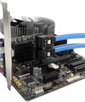 Four Port PCIe SATA Controller Card With Cables, Low Profile Bracket, Non Raid, Bootable System Disk Support, Add Four 6Gbps SATA 3.0 Drives To Your PC, Easy Upgrade For Extra Storage And Seamless Performance. PCIe SATA card installed with blue cables and low-profile bracket