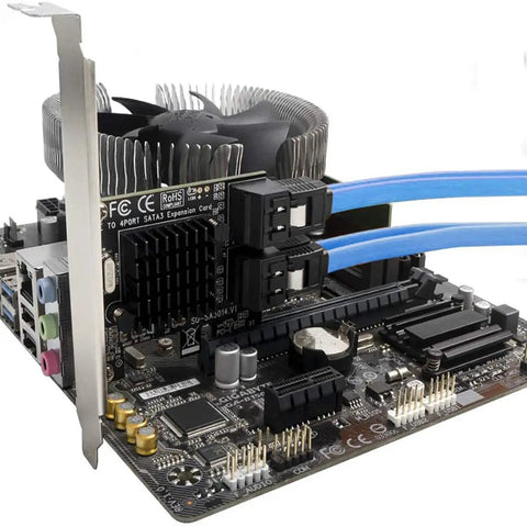 Four Port PCIe SATA Controller Card With Cables, Low Profile Bracket, Non Raid, Bootable System Disk Support, Add Four 6Gbps SATA 3.0 Drives To Your PC, Easy Upgrade For Extra Storage And Seamless Performance. PCIe SATA card installed with blue cables and low-profile bracket