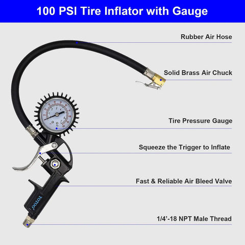 Heavy Duty 20-Piece Air Tool Kit With One Quarter Inch NPT Fittings, Tire Inflator Gauge Up To 100 PSI, Air Blow Gun