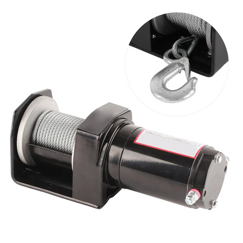 Fauitay 2500lb DC 12V Electric Power Winch With Remote Control for ATV UTV Trailers showing motor, wire rope, and hook details.