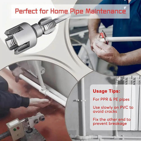 PVC Pipe Threader Set for Plumbing Repairs, showing carbon steel kit in use on one inch and three quarter inch pipes