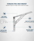 Heavy Duty Stainless Steel Shelf Bracket Wall Mount Built To Last For Garage Kitchen And Bath Storage Secure Stud Mount Level Shelving Support One Pack