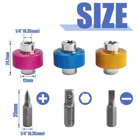 Image of the Badass 2 In 1 Palm Screwdriver Wrench Set showcasing pink, blue, and yellow thumbwheel ratchets with sizes.