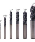 Six solid carbide ball-nose end mills, AlTiN-coated, 4-flute, sizes 1/8 in to 1/2 in, arranged in a row