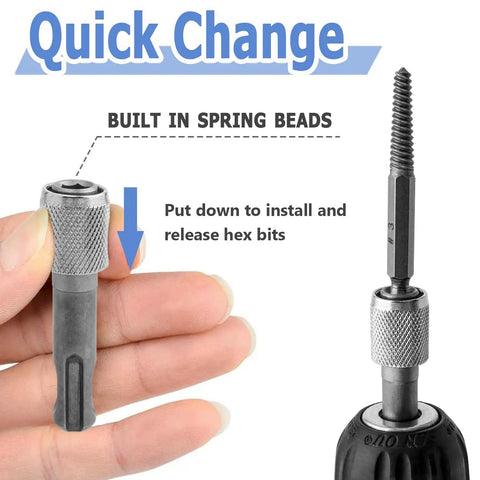 Person holding a Five Piece SDS Plus Shank Drill Chuck Adapters Set To Convert To One Quarter Inch Hex Socket with quick-change feature.