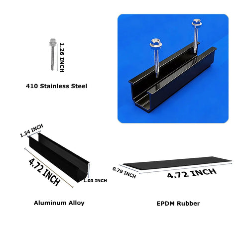 Solar Panel Mounting Brackets Roof Kit With Rails And Clamps, aluminum alloy rails, stainless steel screws, EPDM rubber pad.