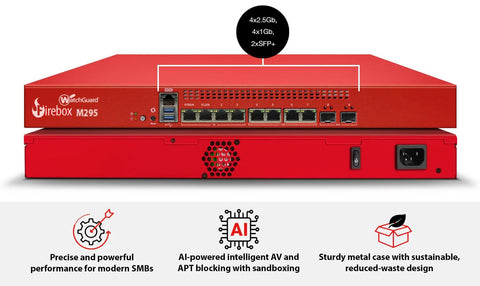 Level Up Your Branch Setup With This Top Shelf Rackmount Firewall Packing Four Two Point Five Gbps Ports And Two Ten Gbps Fiber Slots Plus Three Year Rock Solid Threat Defense License; red firewall with ports.