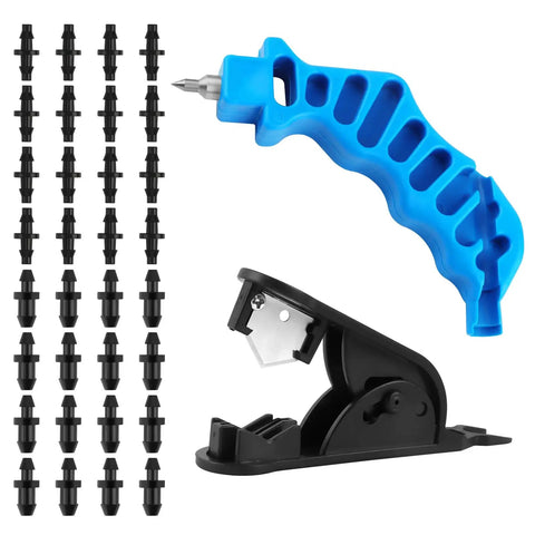 All In One Drip Irrigation Kit With 2 In 1 Hole Punch And Hose Cutter 34 Pc Tool Set Including 16 Barbed Connectors And 16 Drip Plugs