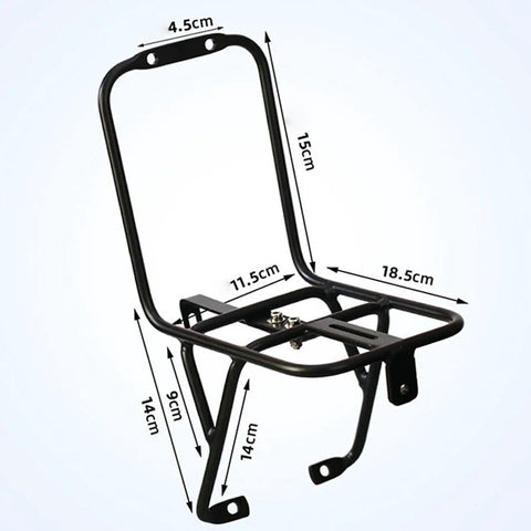 Front Bicycle Luggage Rack Carrier For Mountain And Folding Bikes V Brakes Compatible, black aluminum rack with dimensions shown.