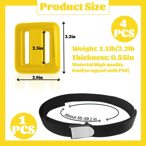 Four 2.2 Lb Rubber-Coated Dive Weights With Nylon Belt For Freediving, Spearfishing, And Scuba product size chart