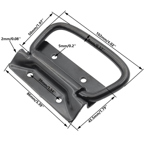 2 Pack Heavy Duty Black Metal Chest Handles for Wood and Metal Cases Surface Mount Ring Pull Handles with measurements visible.