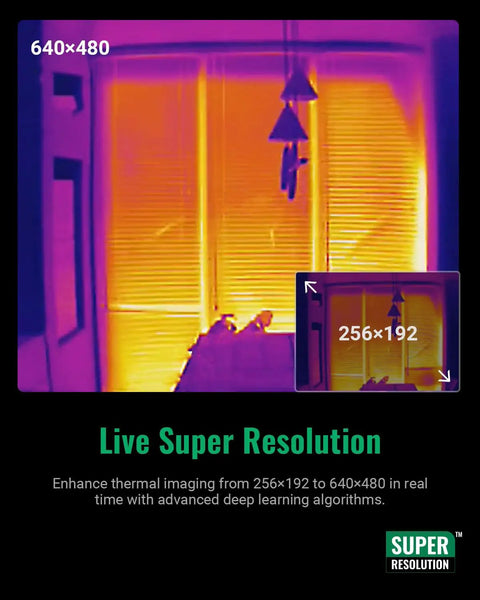 Thermal imaging of a window scene with Handheld WiFi Thermal Camera With 8MP Visual Camera and 3.5 Inch Touch Screen Real Time Live Super Resolution 640x480 Thermal Imaging 256x192 IR Intelligent Scene Detection Video Recording.