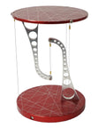 Red floating tensegrity table with CNC machined aluminum construction, shown in a 3.6x3.6x4.96 inches size and modern style.