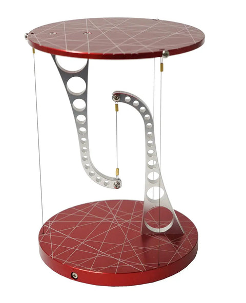 Red floating tensegrity table with CNC machined aluminum construction, shown in a 3.6x3.6x4.96 inches size and modern style.
