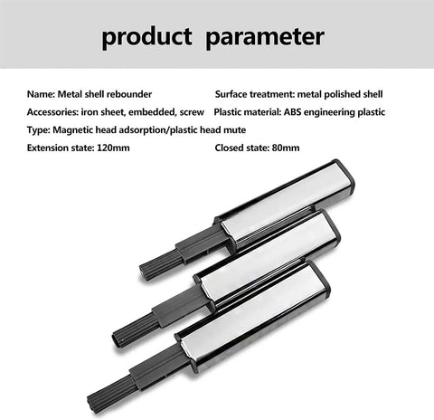 Push To Open Magnetic Cabinet Latch Set 2 Pack Door Catch For Hinge Cabinets No Self Closing Required, metal shell close-up.