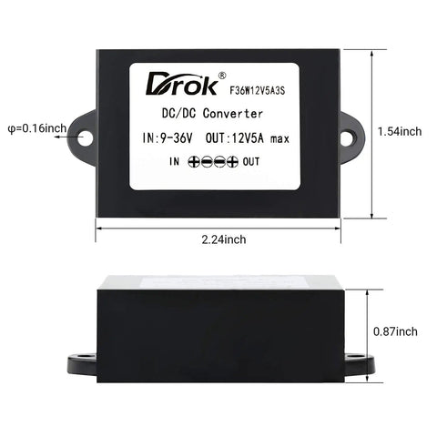 Front view of 9V-36V To 12V DC Buck Boost Converter Waterproof Rugged Auto Step Up Down Voltage Regulator 5A 60W for Car Audio