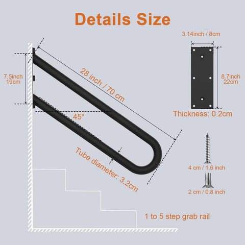 Dimensions and installation details of 28 Inch Stainless Steel Hand Rail For One To Five Steps With 1.25 Inch Tube Oil Rubbed Black