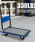 Foldable Platform Cart 330 Lb Load Capacity With 360 Degree Swivel Silent TPR Wheels Heavy Duty Steel Flatbed Dolly Collapsible Hand Truck For Warehouse Office Garage Blue, folded handle