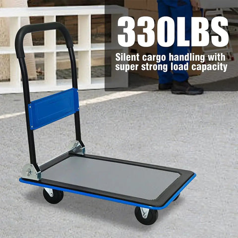 Foldable Platform Cart 330 Lb Load Capacity With 360 Degree Swivel Silent TPR Wheels Heavy Duty Steel Flatbed Dolly Collapsible Hand Truck For Warehouse Office Garage Blue, folded handle