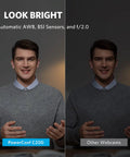 No Fuss Plug And Play 2K Webcam With Reliable Low Light Fix and AI Noise Blocking Dual Mics For Clean Pro Video Calls On Windows PC Mac And Laptops showing brightness comparison.