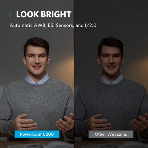 No Fuss Plug And Play 2K Webcam With Reliable Low Light Fix and AI Noise Blocking Dual Mics For Clean Pro Video Calls On Windows PC Mac And Laptops showing brightness comparison.