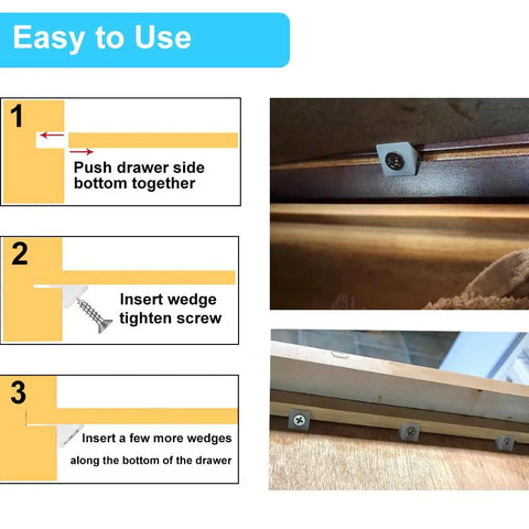 Step-by-step guide using 50 Pack Drawer Wedges With Screws For Quick Furniture Repair And Drawer Bottom Support