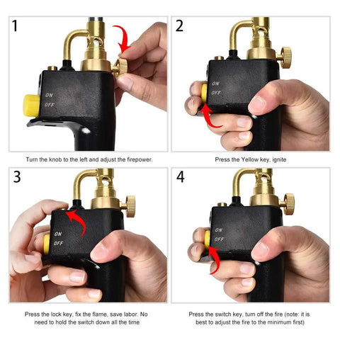 Steps to operate Propane Torch Head With Three Nozzles Trigger Start MAP Pro Gas Torch Push Button Igniter Welding Torch Head