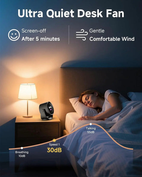 Portable Desk Fan With LED Display And 5 Speed Turbo Airflow 6 Inch Compact Table Fan For Home Office And Outdoor Use That Keeps You Chill All Day Low Noise 360 Degree Tilt 4000mAh Rechargeable Battery Delivers Up To 17 Hours Run Time on a nightstand beside a sleeping person in a dimly lit room.
