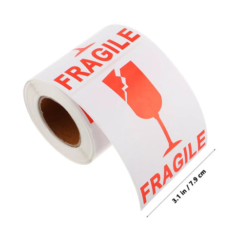 Red Fragile Warning Stickers With Strong Adhesive For Handle With Care Labels, 3.1 inch roll, illustration of broken glass.