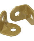 Two gold iron L brackets from the Badass 20 Pack Gold L Brackets For Furniture Repair, rust resistant corner supports.