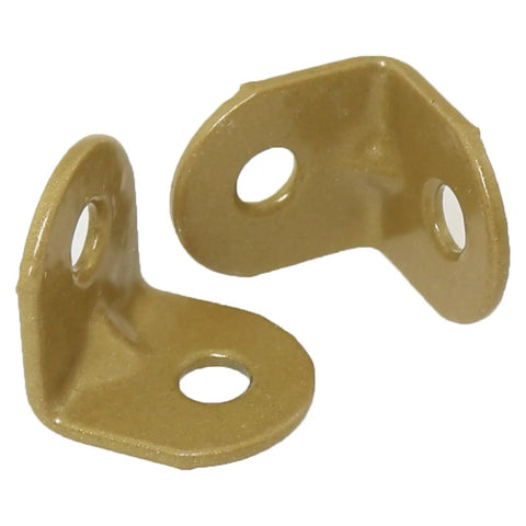 Two gold iron L brackets from the Badass 20 Pack Gold L Brackets For Furniture Repair, rust resistant corner supports.