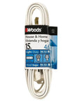 15-Foot Cube Extension Cord With Power Tap For Indoor Use White Durable Vinyl Jacket Strain Relief Moisture Resistant Safety Covers On Unused Outlets Ideal For Home And Office Light Duty Tasks, coiled with packaging label.