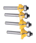 Get The Best Router Bit Set For Your Woodworking Projects With This 4 Piece Round Over Flush Trim Tool Kit Featuring Carbon Steel 1/4 Inch Shank Bits. Four router bits with yellow and steel design for trimming and smoothing edges.