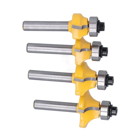 Get The Best Router Bit Set For Your Woodworking Projects With This 4 Piece Round Over Flush Trim Tool Kit Featuring Carbon Steel 1/4 Inch Shank Bits. Four router bits with yellow and steel design for trimming and smoothing edges.