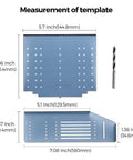 Cabinet Door And Drawer Hardware Installation Template Kit With 3 Inch, Three And Three Quarter Inch, And Five Inch Hole Centers shown with measurements and drill bit