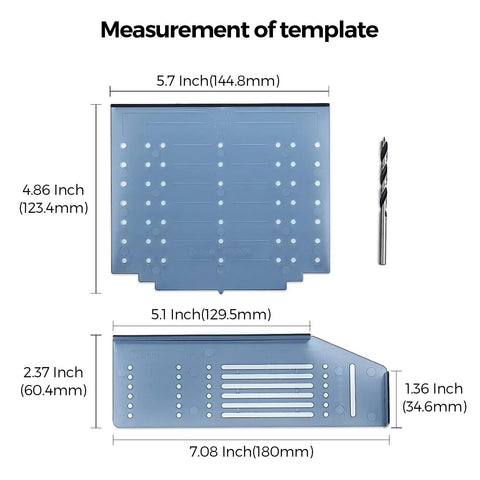 Cabinet Door And Drawer Hardware Installation Template Kit With 3 Inch, Three And Three Quarter Inch, And Five Inch Hole Centers shown with measurements and drill bit