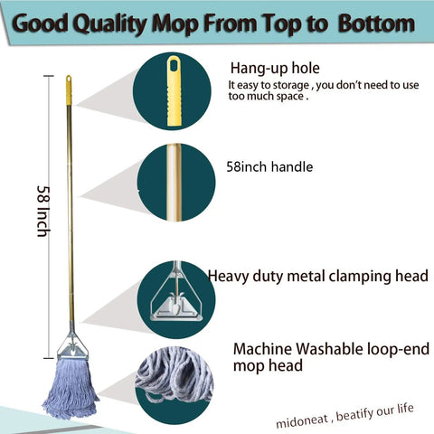 Heavy Duty Commercial Mop Set With Fifty Eight Inch Handle And Three Machine Washable Cotton Loop Heads for effective cleaning.
