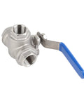 Kickass Heavy Duty One Half Inch 304 Stainless Steel Three Way Ball Valve T Port with blue handle for plumbing applications.