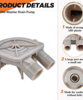 Washer drain pump in light gray ABS plastic with dual hose ports, front view