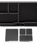 Magnetic RC Parts Tray Portable Aluminum Alloy Repair Tray With Magnetic Screw Holder Plate For Neat Organization During RC Car And Boat Fixes Axial Compatible. Black tray with compartments and metric ruler markings.